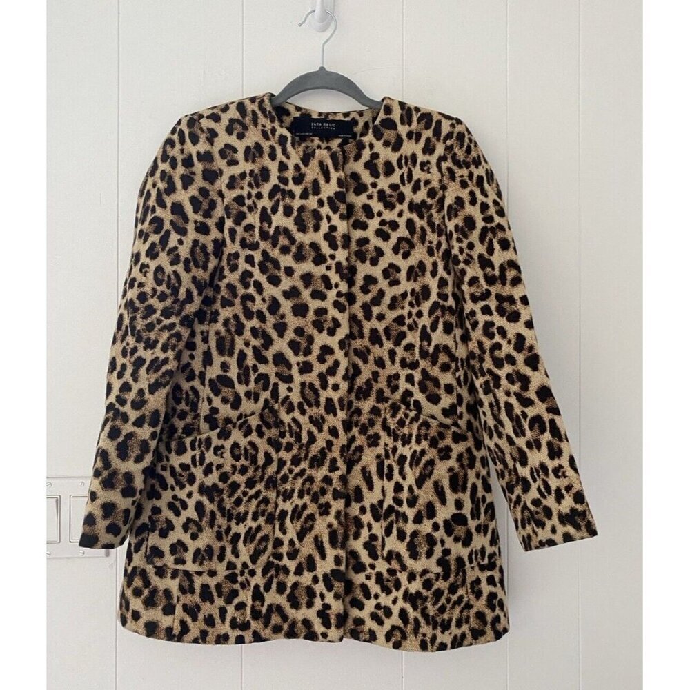 Zara Jacket Womens Small Brown Animal Leopard Print Collarless Coat